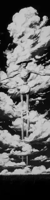 Free printable abstract cloud art bookmark featuring a long scarecrow on a dark background